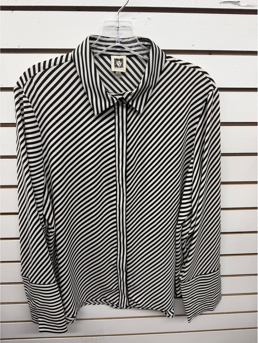 Anne Klein Women’s Large Black & White Diagonal Stripe Button-Up Blouse